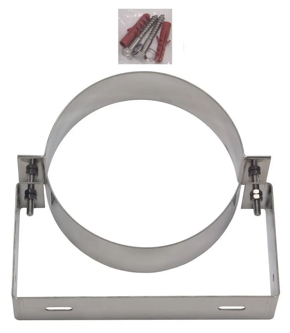 Wandhalter aus Edelstahl mit Halterungen, passend für Abgassysteme. Zubehörteile sind im Bild sichtbar. Geeignet für Installationen, die Vaillant-Systeme verwenden.